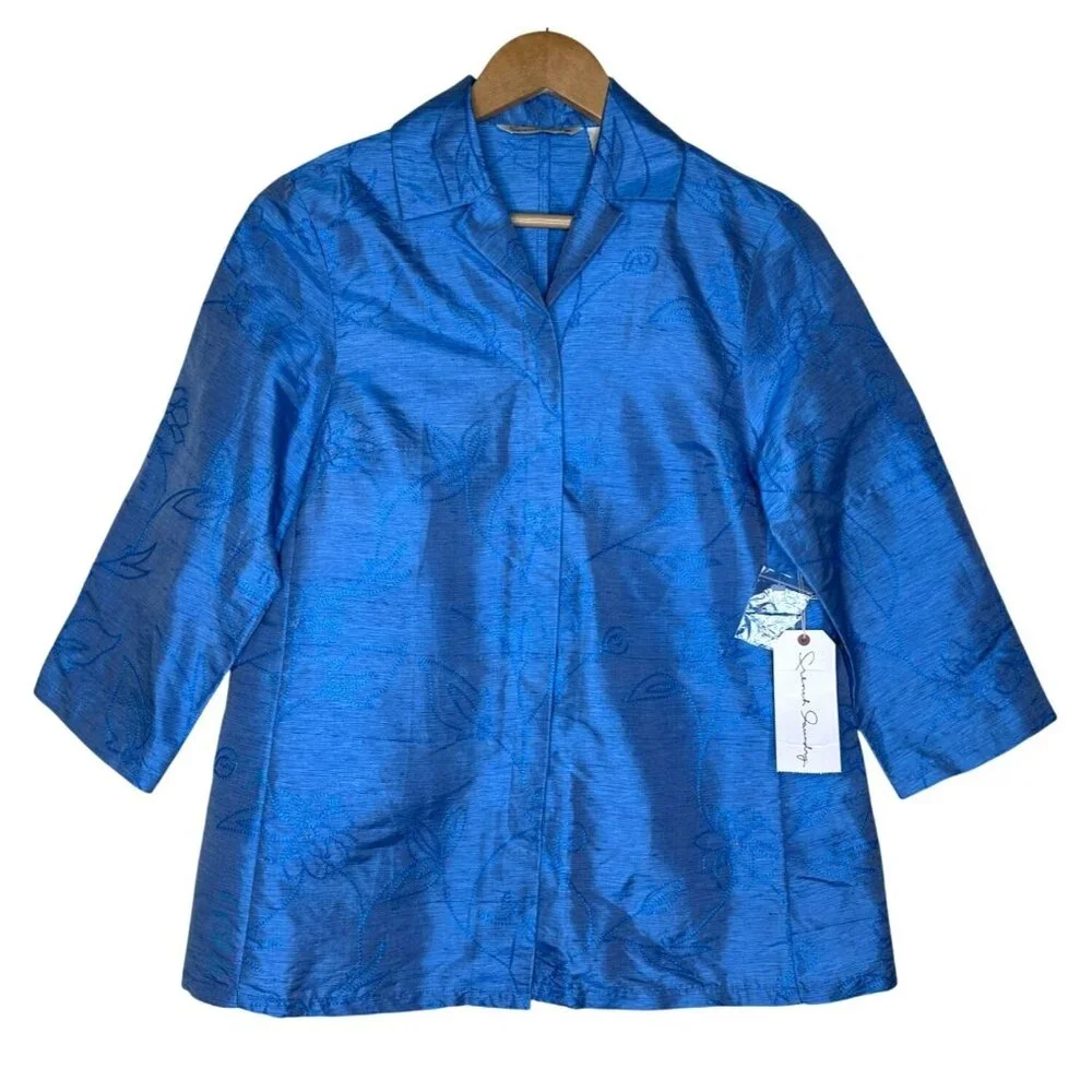 French Laundry Silk Jacket Blue Floral Embroidery 3/4 Sleeve Size Small - Picture 1 of 8